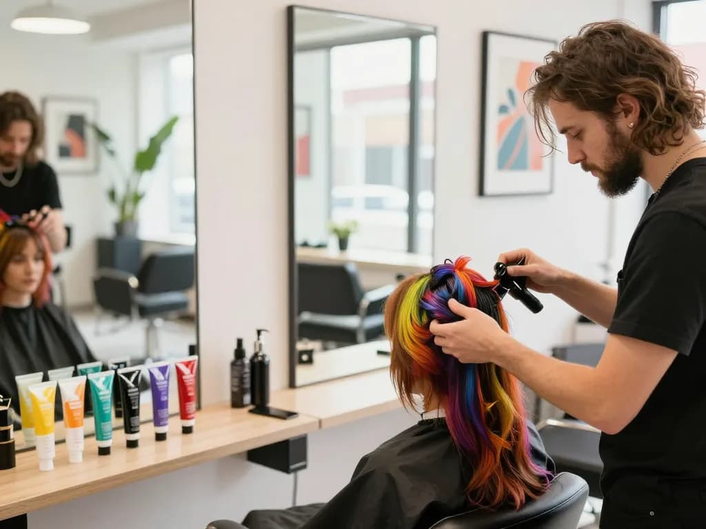 Haarfarbe Friseur-Szene mit einem Stylisten, der professionell Haare färbt und lebendige Farbtöne zeigt.