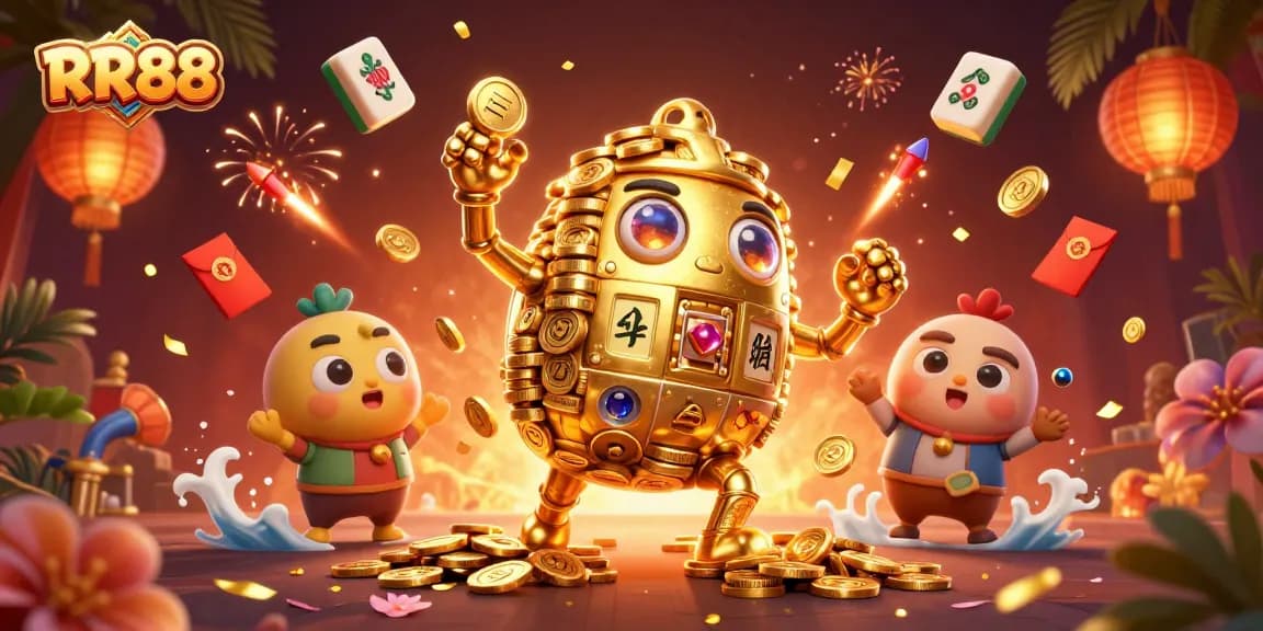 Win big at RR88 with the ancient golden golem amidst a vibrant casino scene.