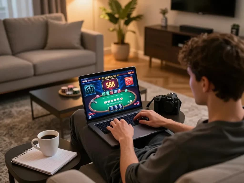 A player enjoying sc88 casino online gaming experience on a laptop in a cozy home setting.