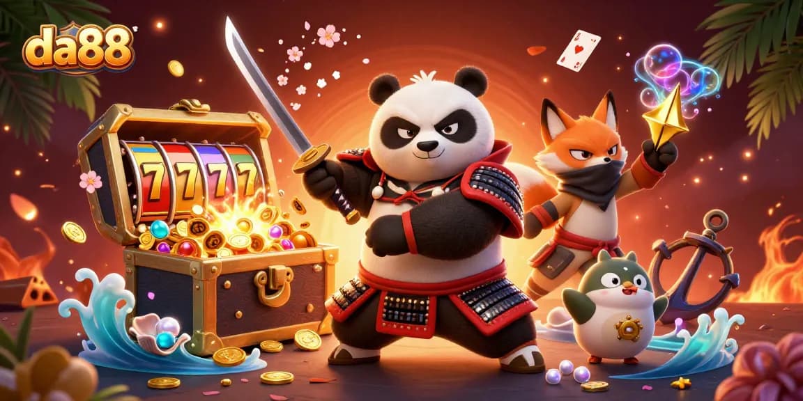 Engage with da88's exciting slots as a panda samurai draws his katana surrounded by thrilling game elements.