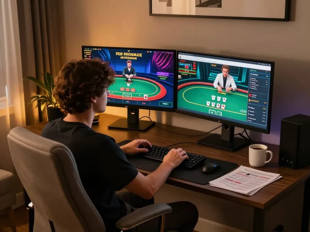 Engaging home gaming setup showcasing nhà cái mb66 online poker and live dealer games on dual monitors.