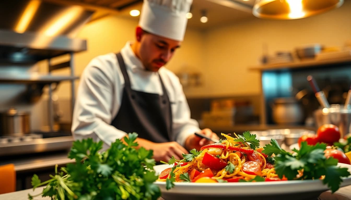 Gastronomie in einem lebhaften Restaurant mit einem engagierten Küchenchef.