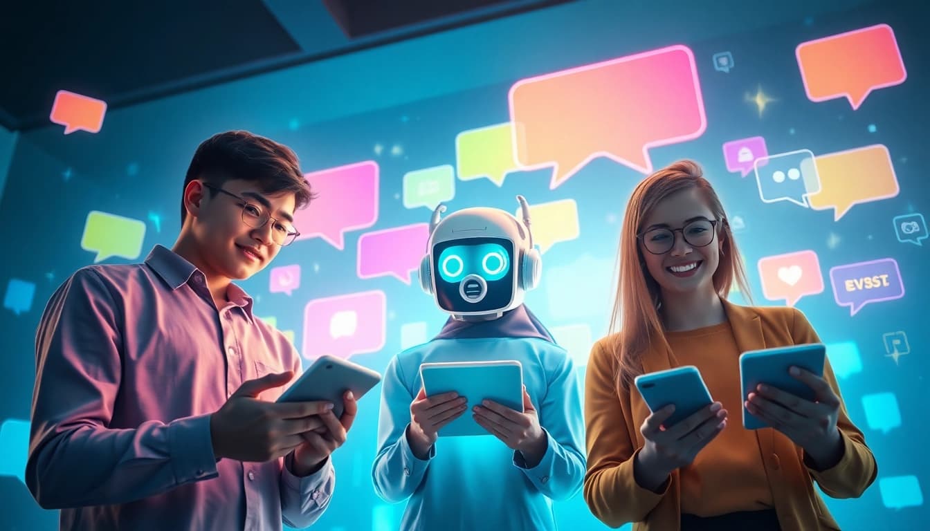 Engaging scene of users interacting with juicy AI chatbots in a vibrant digital landscape.