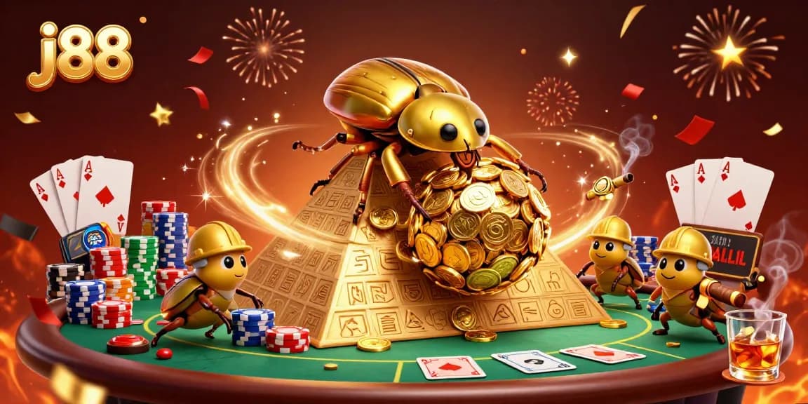 Experience thrilling betting action with the j88 app and playful golden beetles in a vibrant casino scene.