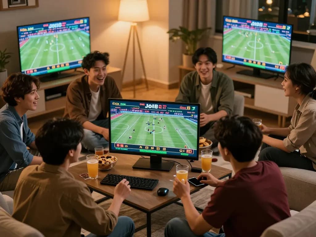 Friends placing bets on the da88 app while enjoying live sports in a cozy living room.