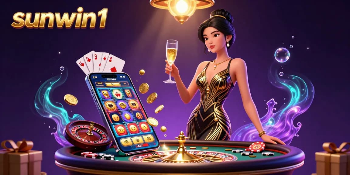 Experience the excitement of online gaming at sunwin1 with a glamorous casino scene featuring a stylish woman and dynamic game elements.