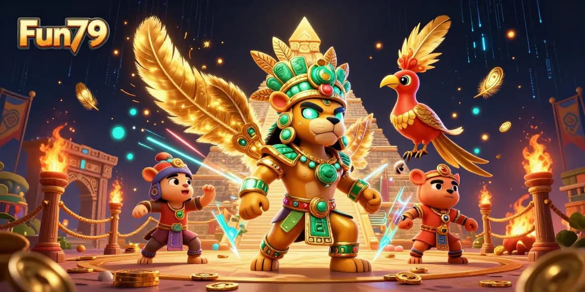Experience the thrill of Fun79 at this dynamic 3D illustration showcasing vibrant casino elements and characters.