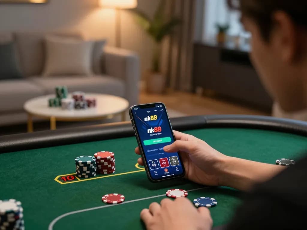 Engaging in online poker gameplay on nk88 mobile app in a cozy setting.