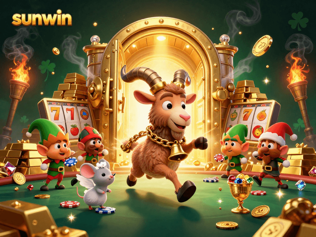 Experience excitement with sunwin as spooky Krampus oversees a lively holiday casino scene.