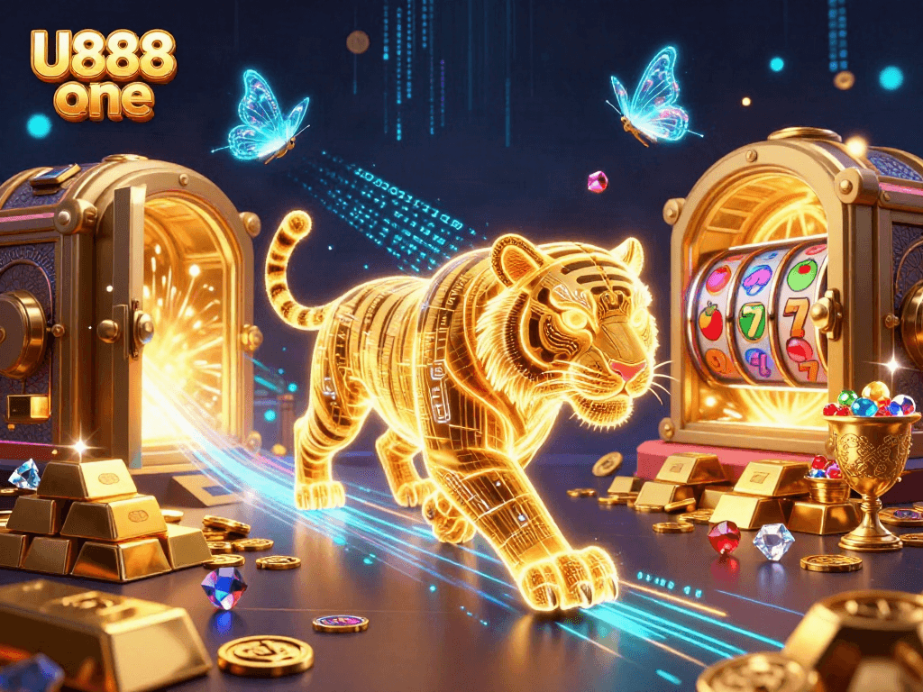Experience the thrilling energy of U888 one with a vibrant casino-themed 3D scene full of winning potential.