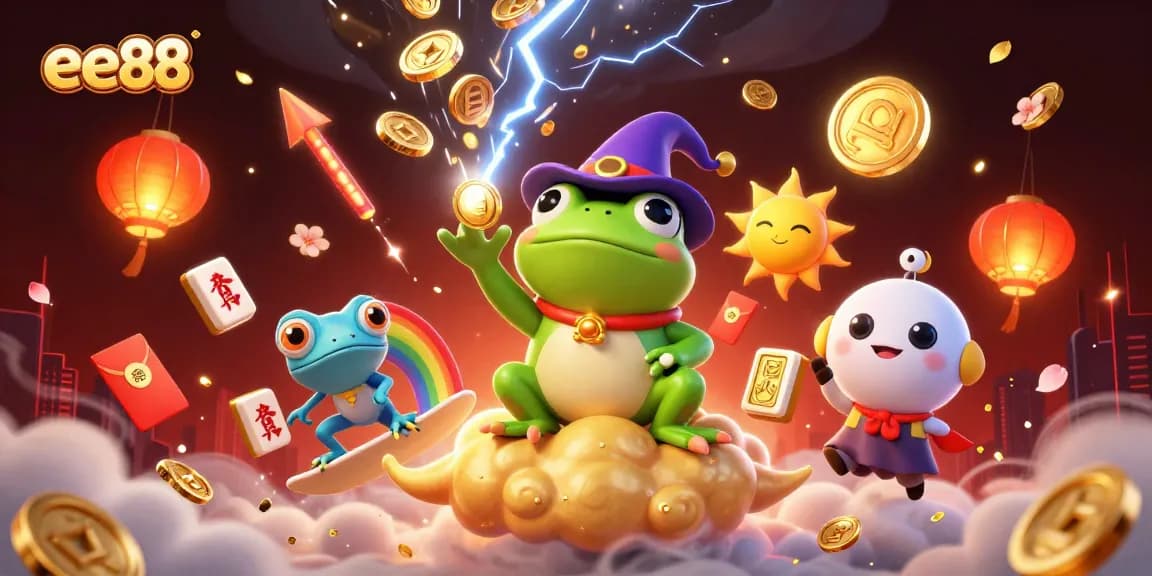ee88 showcases a vibrant casino scene with cartoon characters and gambling elements.