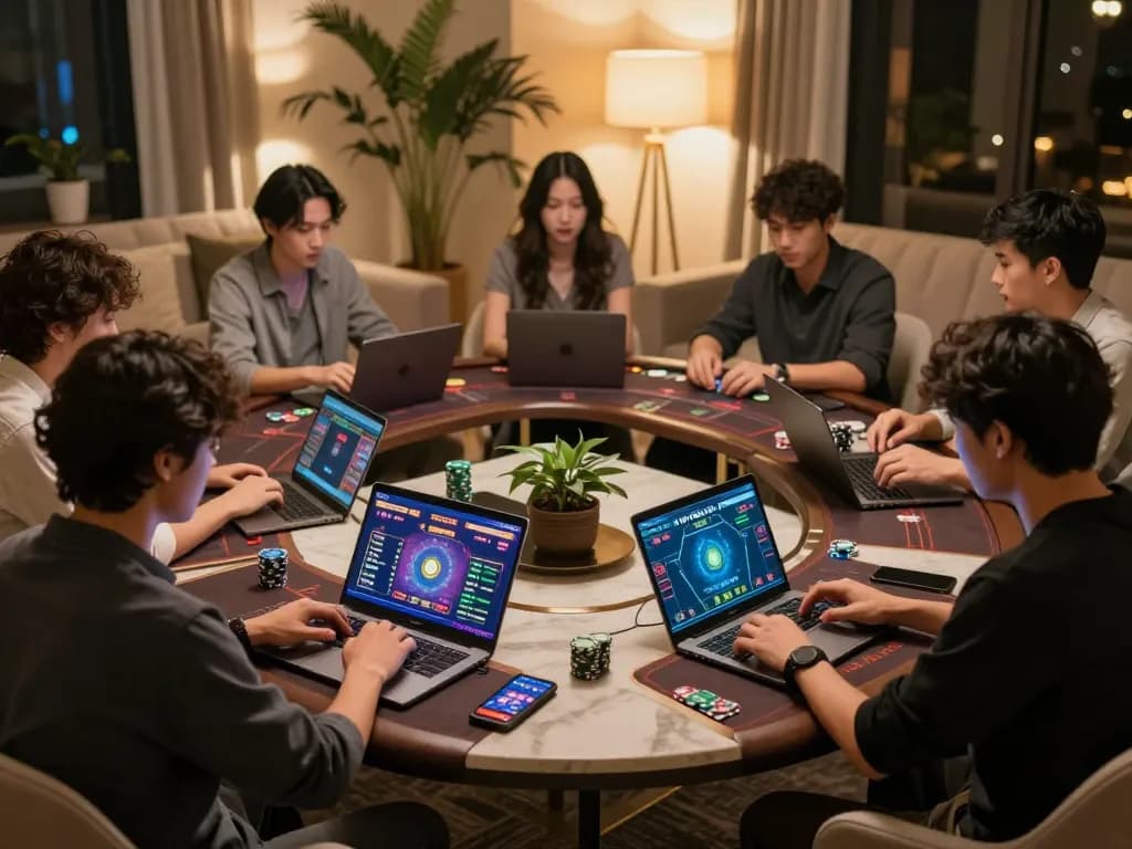 Engaged players using o8 platform for online poker with vibrant screens in cozy home setting