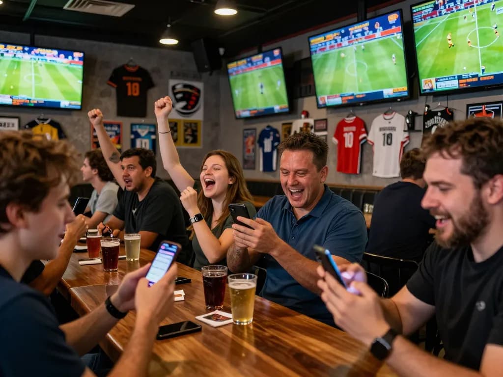 Patrons engaged in sports betting excitement at https://ok365.br.com with live game screens and apps.