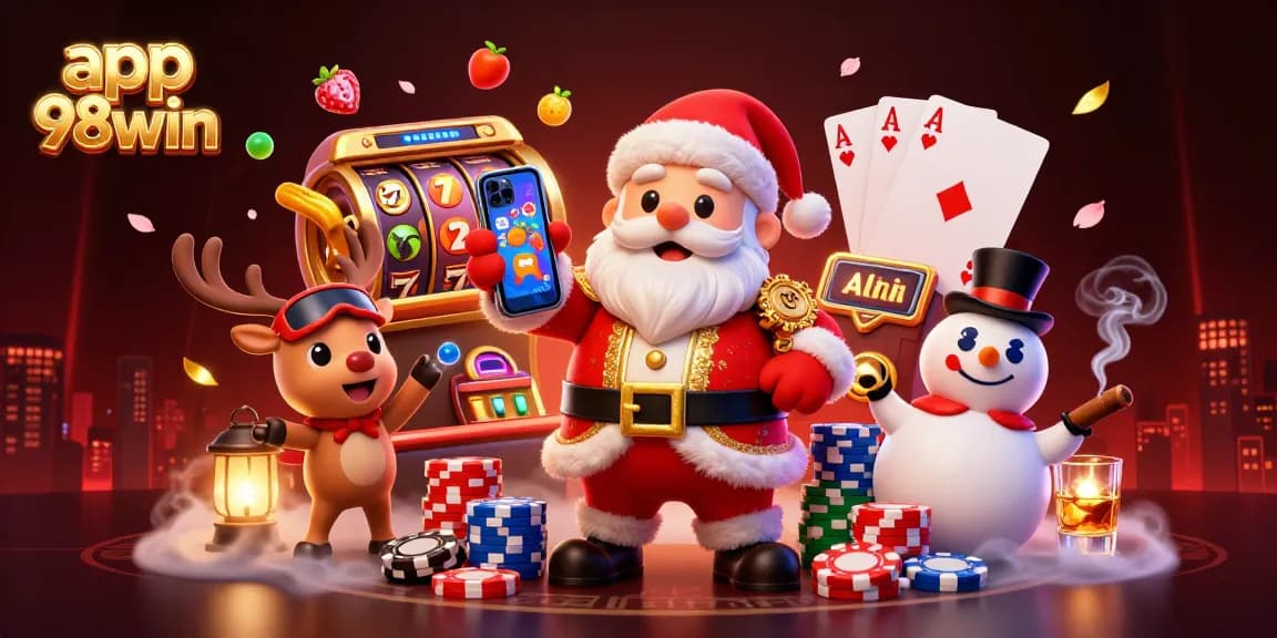 Experience thrilling rewards with app 98win featuring Santa in a vibrant casino scene.