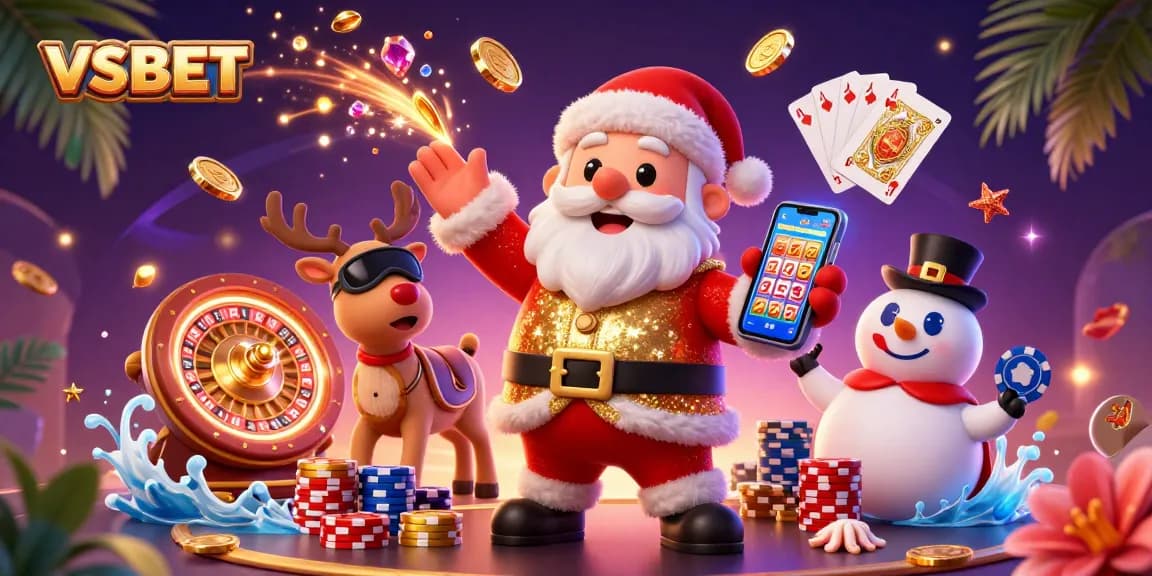 Join VSBET for a thrilling gaming adventure with festive characters and vibrant casino elements.