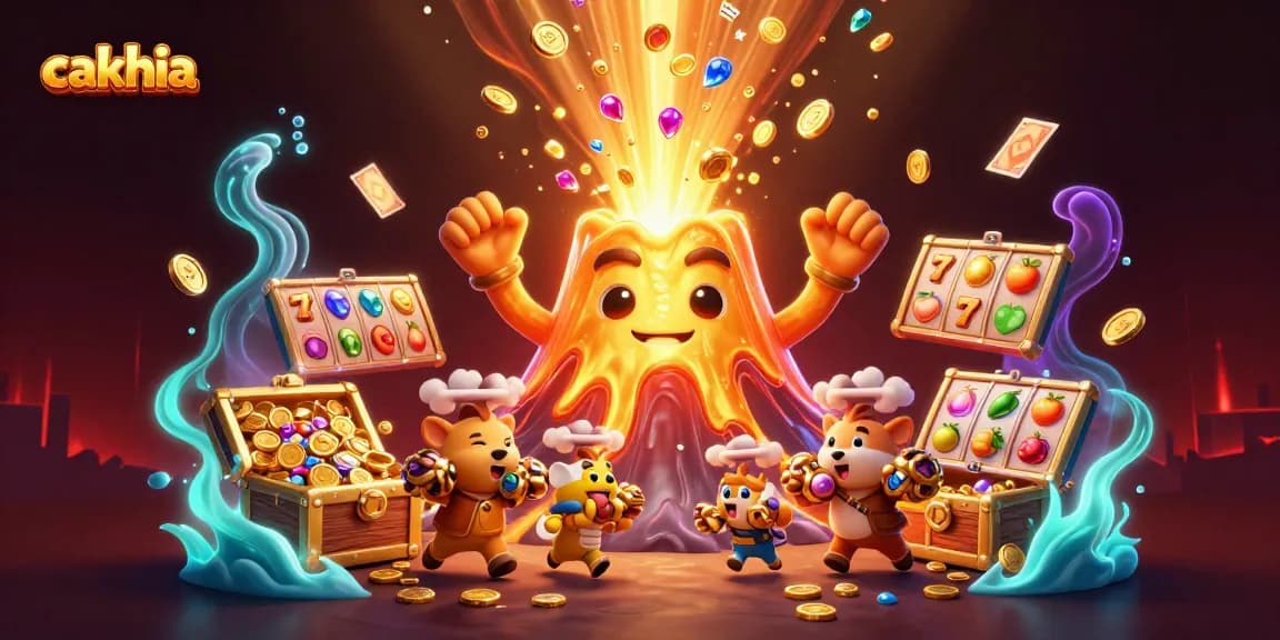 Cakhia brings thrilling moments with vibrant casino elements, showcasing a golden volcano and treasure.