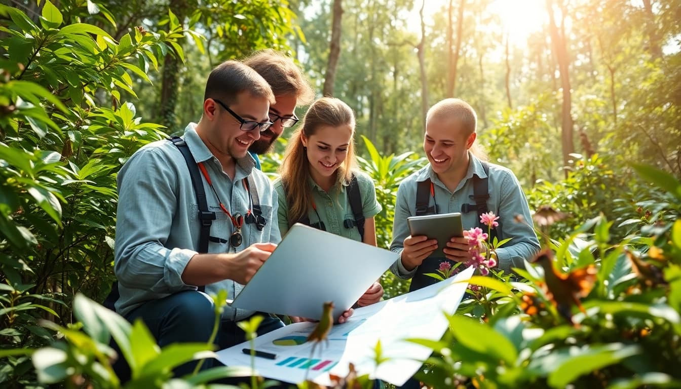 Umweltforschung im Einsatz durch ein engagiertes Team in einer lebendigen Waldumgebung.