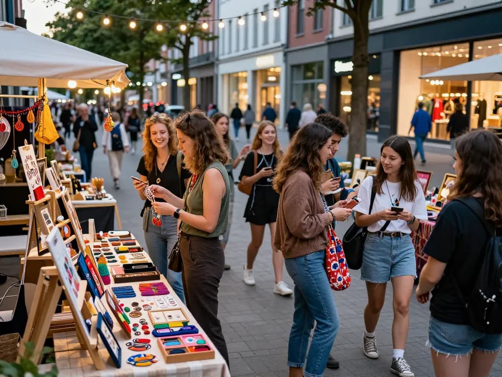 Sofort lieferbare Produkte auf einem lebhaften städtischen Freiluftmarkt mit einkaufenden Kunden und bunten Auslagen