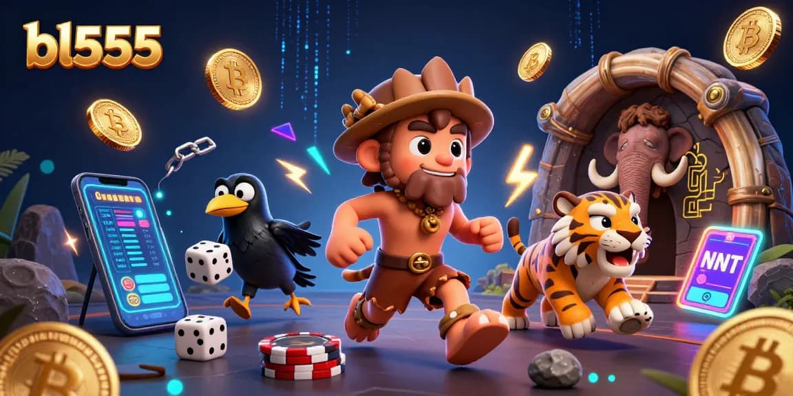 Experience the thrilling atmosphere of bl555's prehistoric casino with vibrant characters, neon crypto coins, and dynamic game elements.