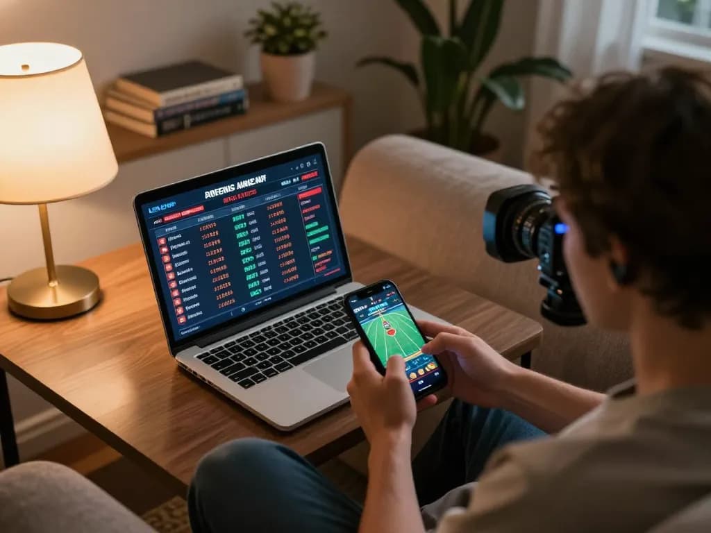 UU88 sports betting action with a smartphone and laptop at a cozy home setup