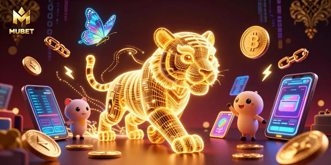 MUBET introduces a captivating digital casino featuring neon energy characters and crypto elements.