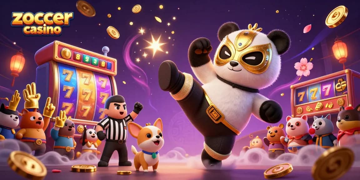 Zoccer Casino's vibrant scene with a panda wrestler, spinners, and lively animal fans celebrating.