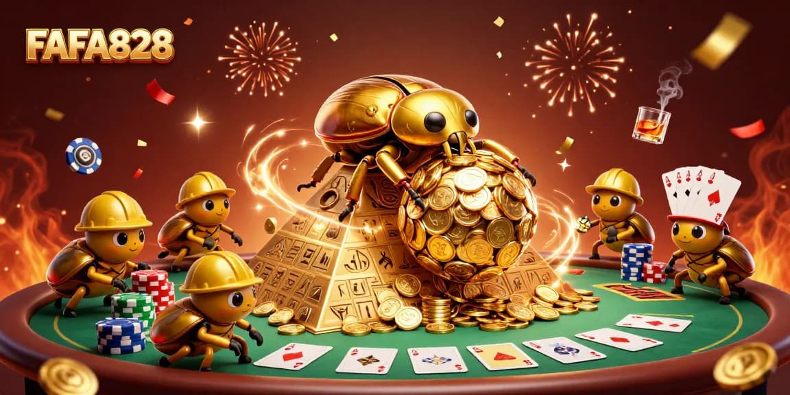 FAFA828 showcases a vibrant scene filled with golden coins and casino symbols, perfect for gambling enthusiasts.
