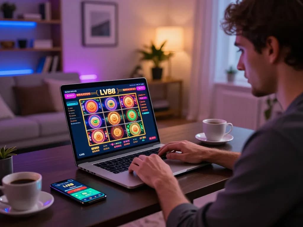 Engage in strategic online gaming with LV88 at your home setup featuring a vibrant casino interface.