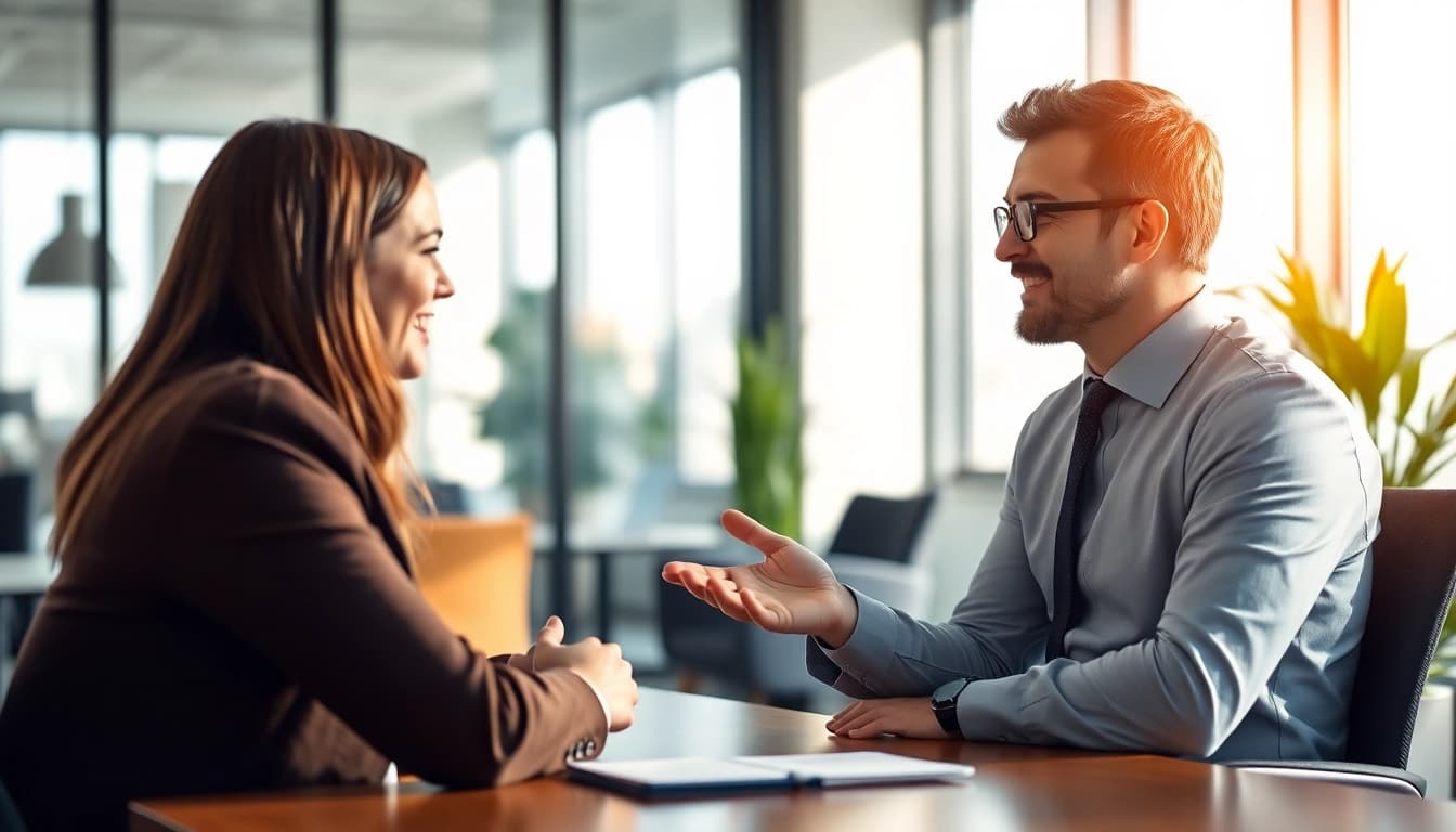 Headhunter interviewt einen Kandidaten in einem modernen Büro, betont Professionalität und Vertrauen.