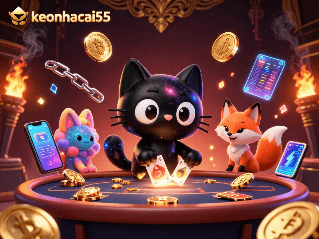 Engage in thrilling gameplay at keonhacai55 with a cosmic-inspired casino illustration featuring interactive gaming elements.