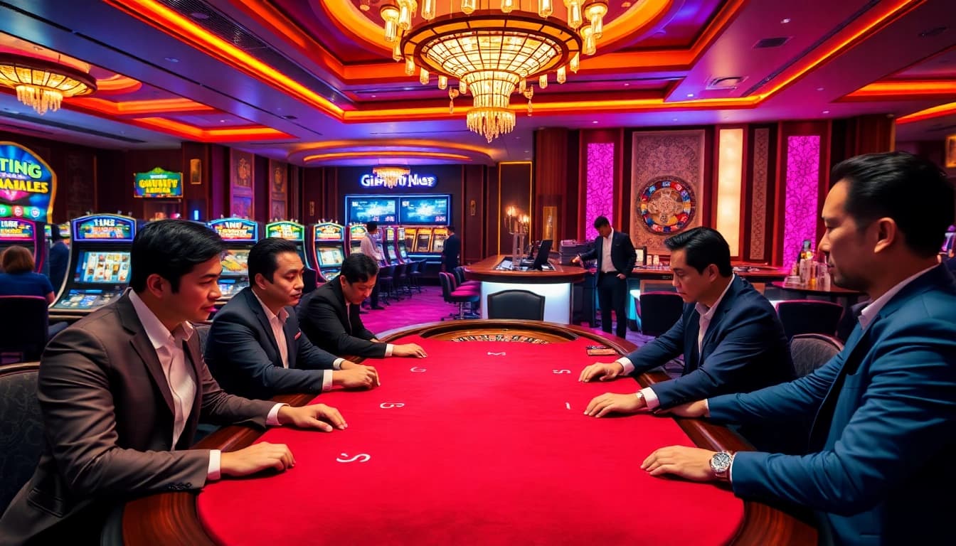 Exciting scene of Giới Thiệu ABC8 with players at a high-stakes poker table in a luxurious casino.