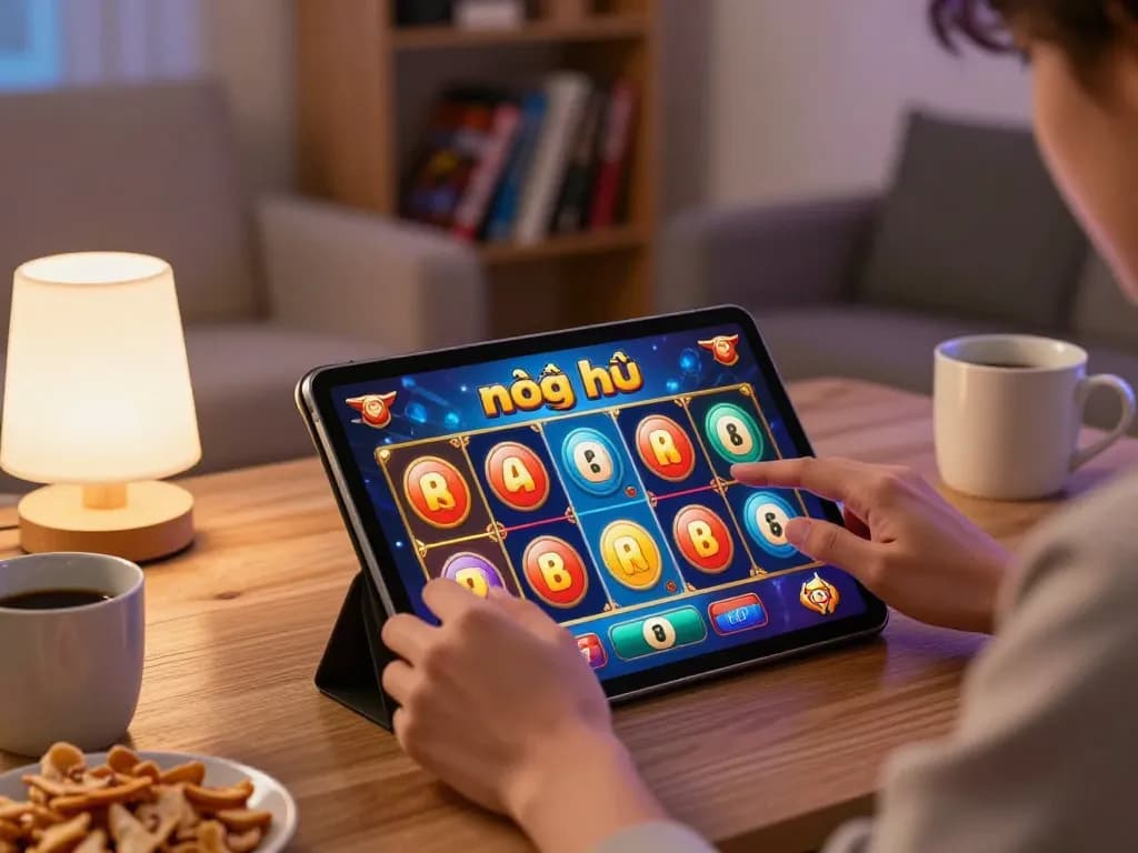 Engaging player spinning nổ hũ mm88 on a tablet in a relaxed home setting, showcasing an exciting online gaming experience.