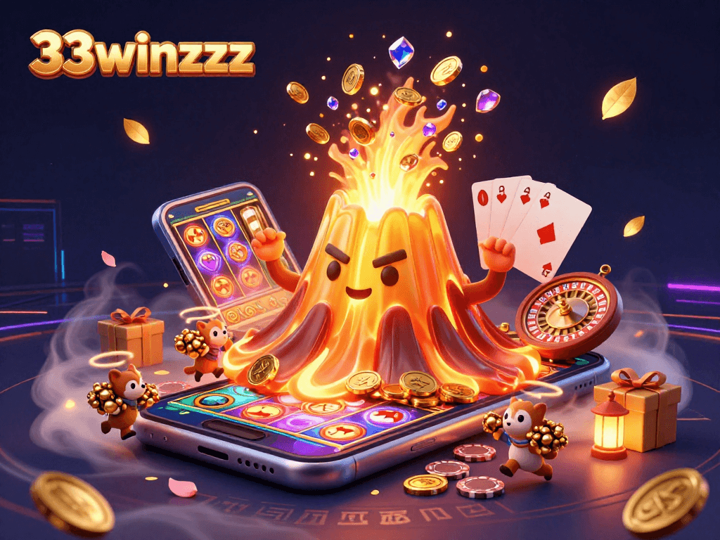 33winzzzz volcano erupts coins and gems in a vibrant, dynamic casino fantasy scene.