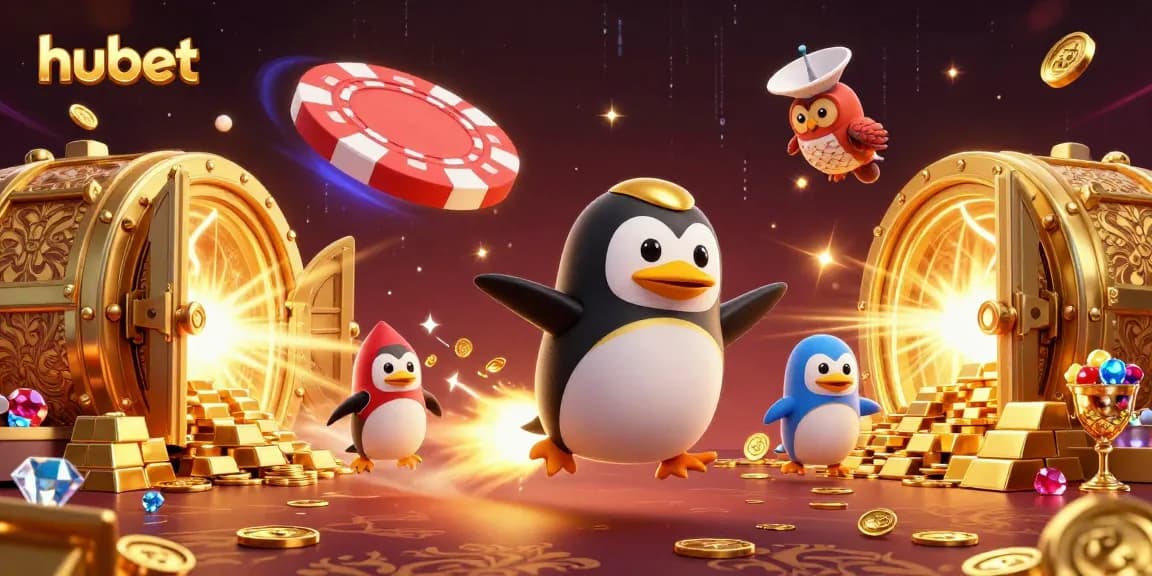 Experience thrilling gambling action with Hubet's golden penguin and poker-themed elements.