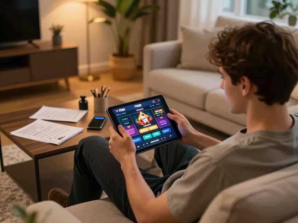 Player engaged with TR88 casino app on tablet during a cozy home gaming session, showcasing strategic management.