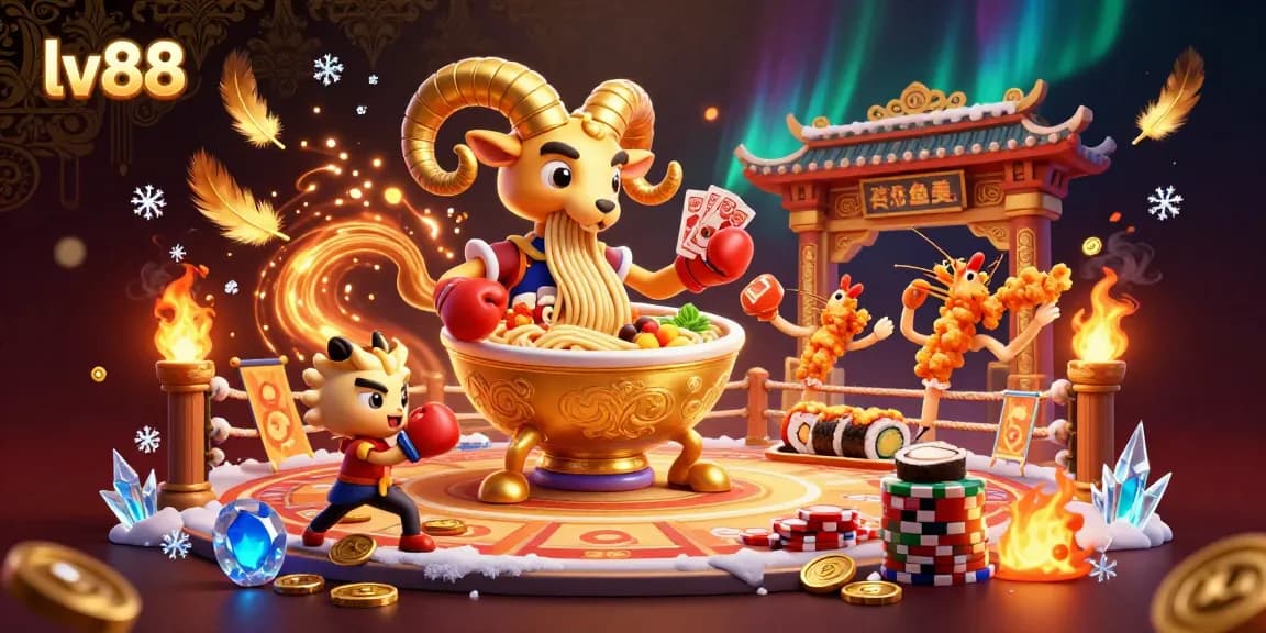 Engage with the vibrant lv88 online casino featuring a golden ramen bowl dealer and colorful game elements.