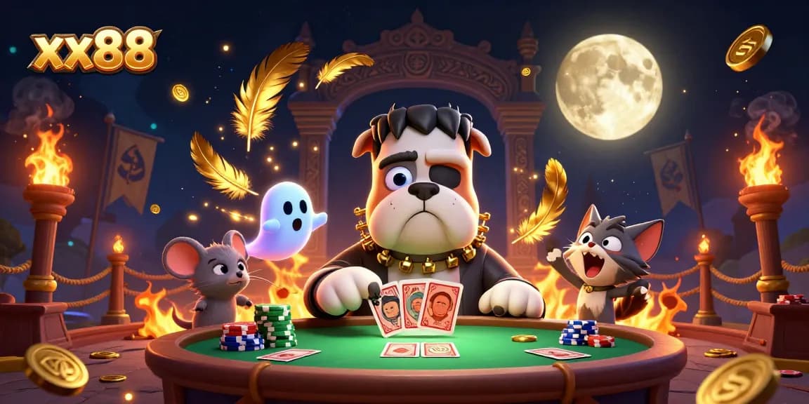 Engage with xx88 as a 3D cartoon bulldog monster deals cards amidst a haunted casino scene.