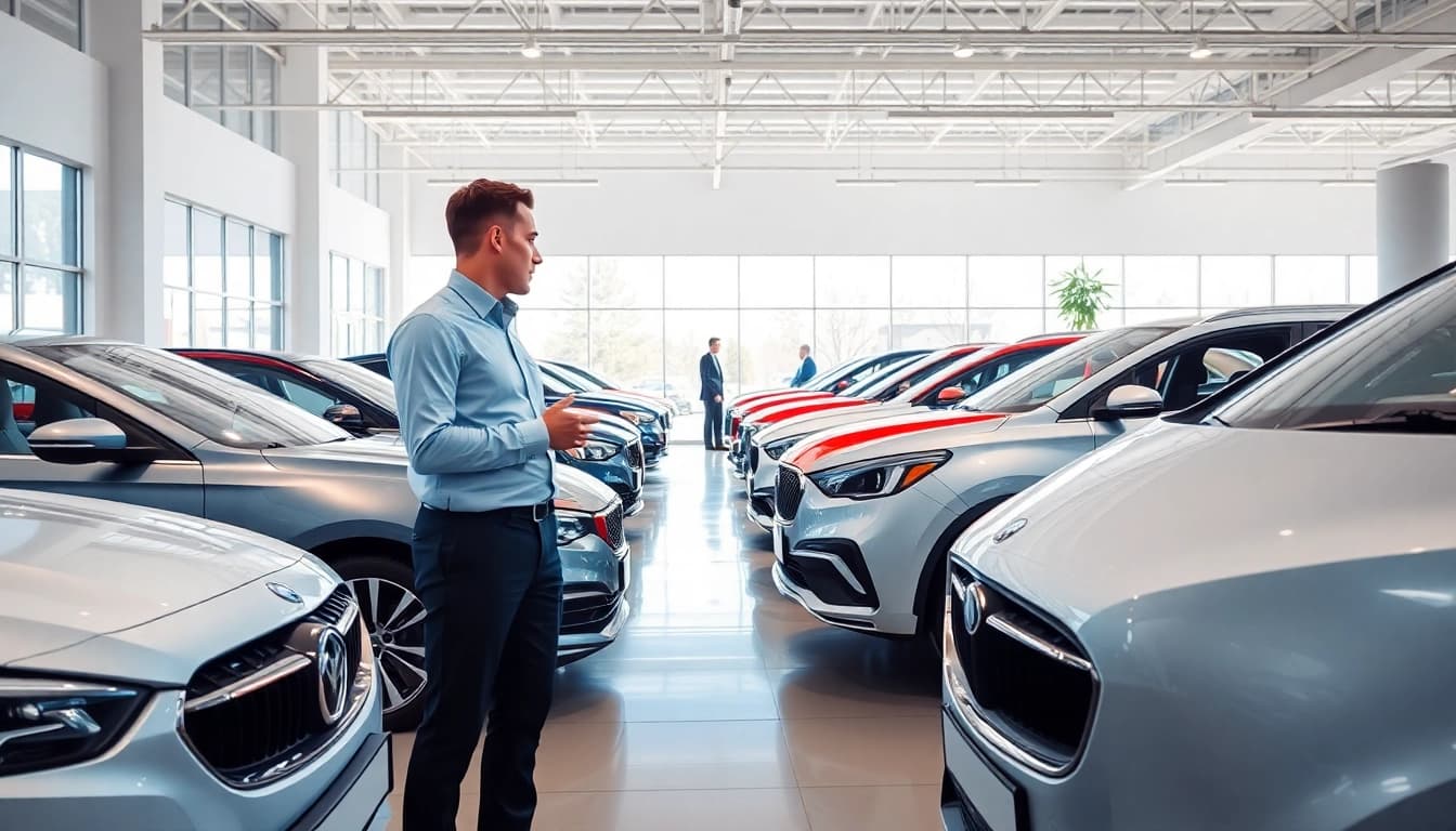 Auto kaufen im modernen Autohaus mit freundlichem Verkäufer und glänzenden Fahrzeugen.