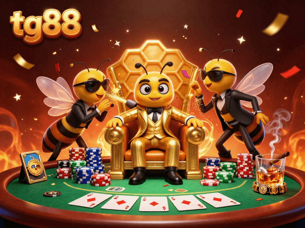 tg88 brings high-stakes poker to life with vibrant casino elements and animated characters.