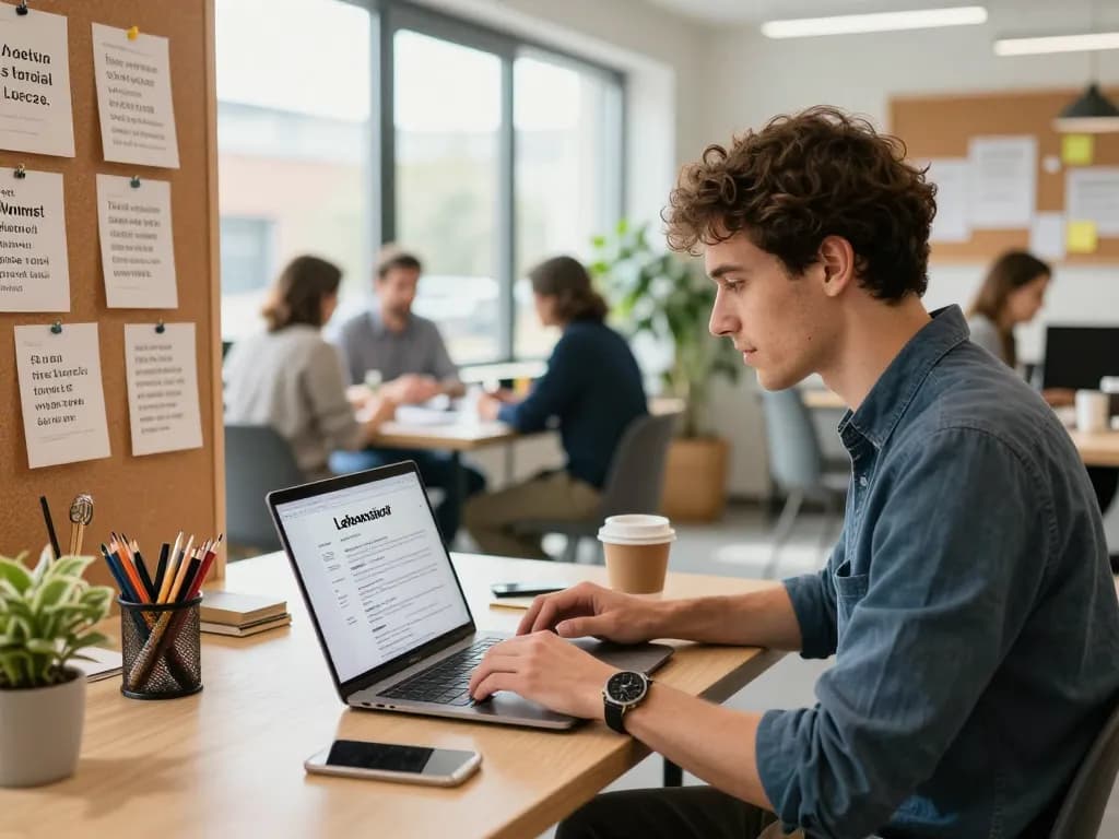 Erstellung einer professionellen Lebenslauf Vorlage in einem hellen Co-Working-Space mit fokussiertem Jobsuchenden.
