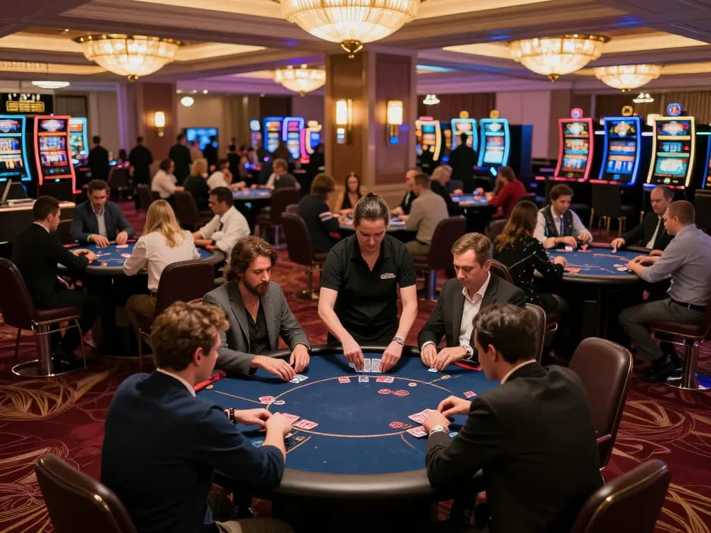 Sao789 players enjoying strategic poker games on an upscale casino floor with engaging atmosphere.
