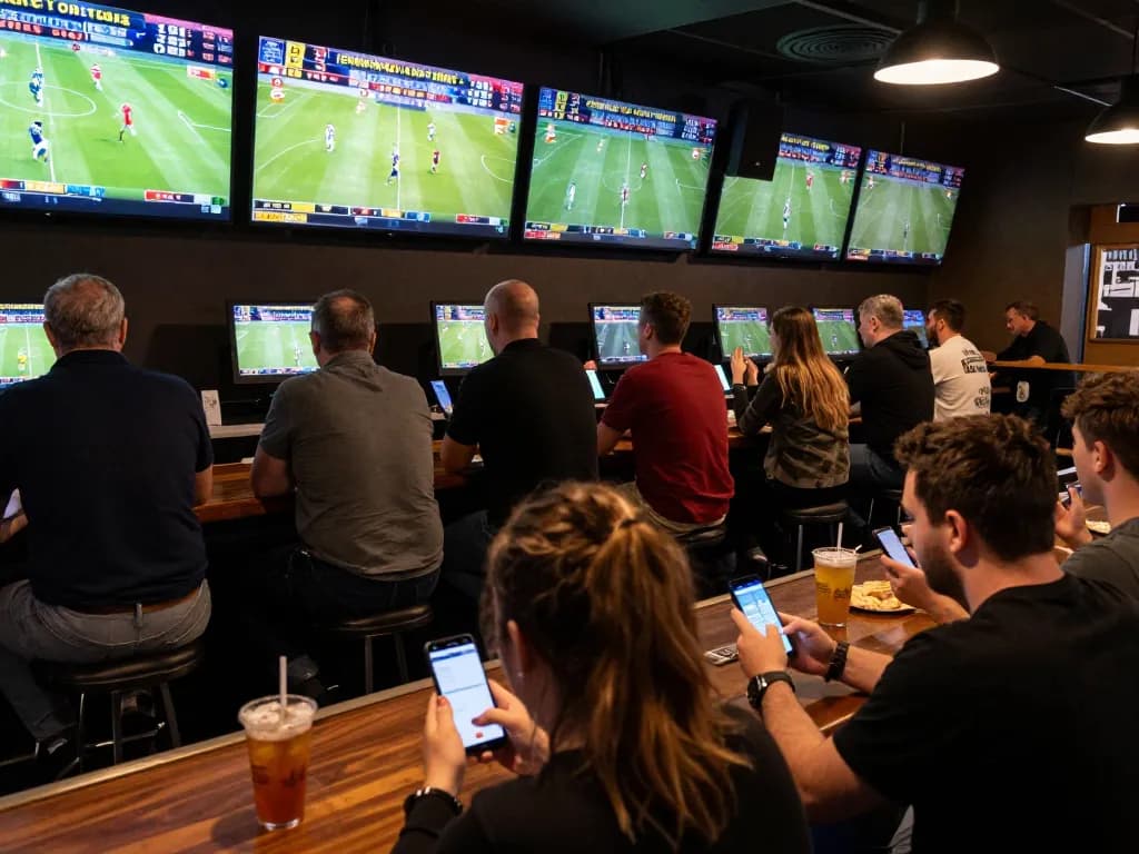 Patrons engaging with ta88 sports betting app and live games in dynamic sports bar atmosphere