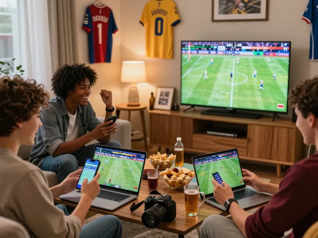 Friends using smartphones for zbet online sports betting in a lively living room.