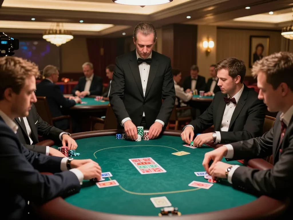 Engaging scene of players competing in game nổ hũ at upscale casino, vibrant chips and cards visible.