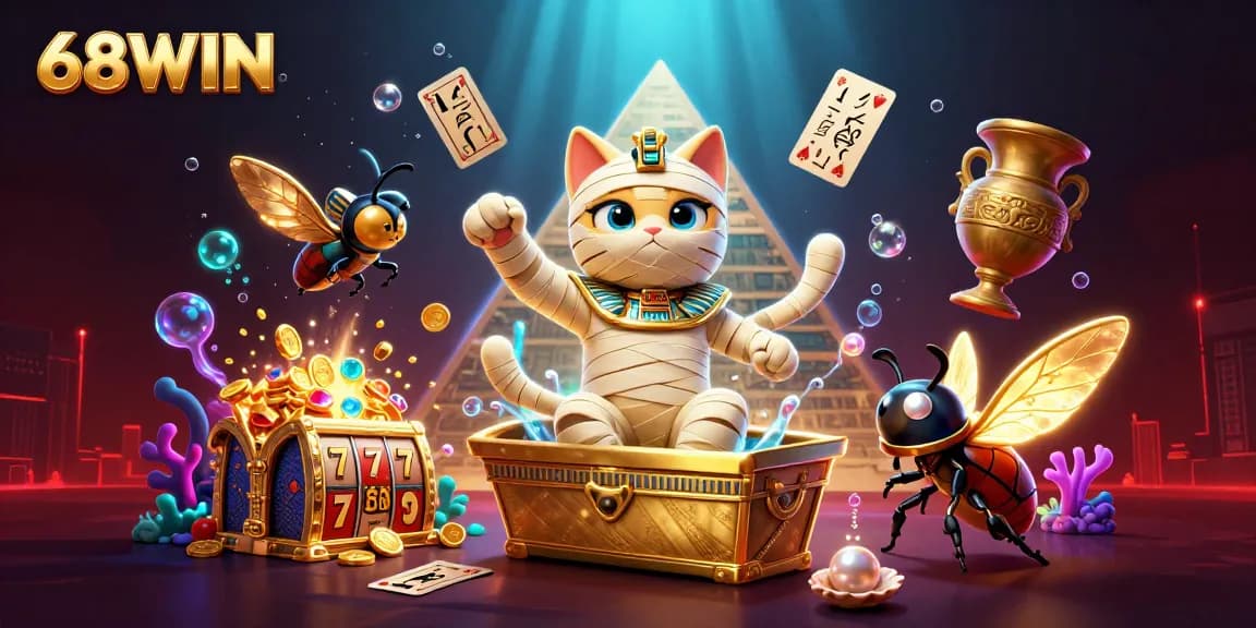 Experience thrilling gameplay with 68WIN in this vibrant 3D illustration featuring a mummy cat, golden treasures, and floating card games.