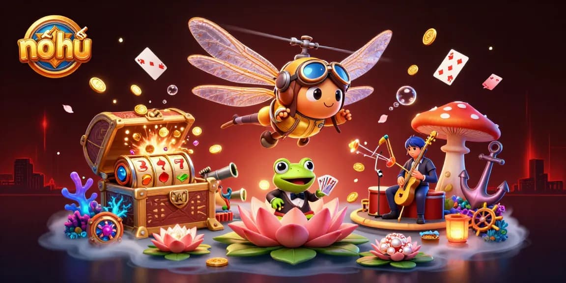 Experience the excitement of nổ hũ as the dragonfly pilot and frog dealer bring the casino to life