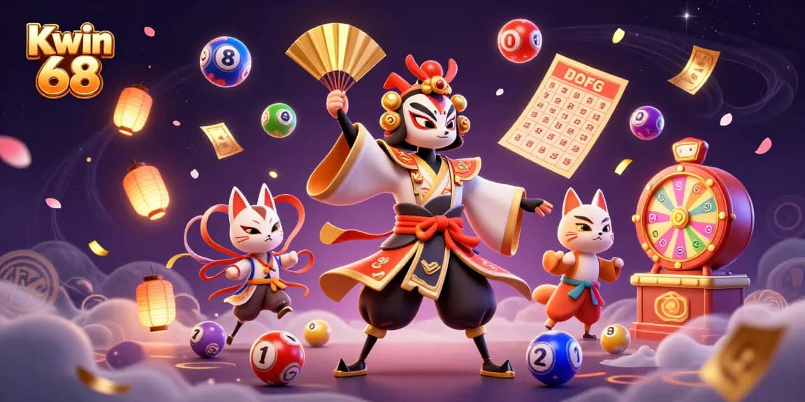 Kwin 68 features a vibrant scene with a kabuki warrior and kitsune mask amid colorful lottery elements.