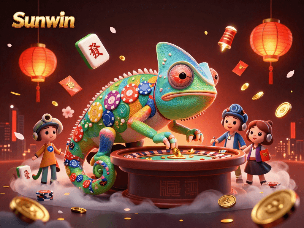 Engage with Sunwin's colorful casino world featuring a chameleon owner and exciting games.