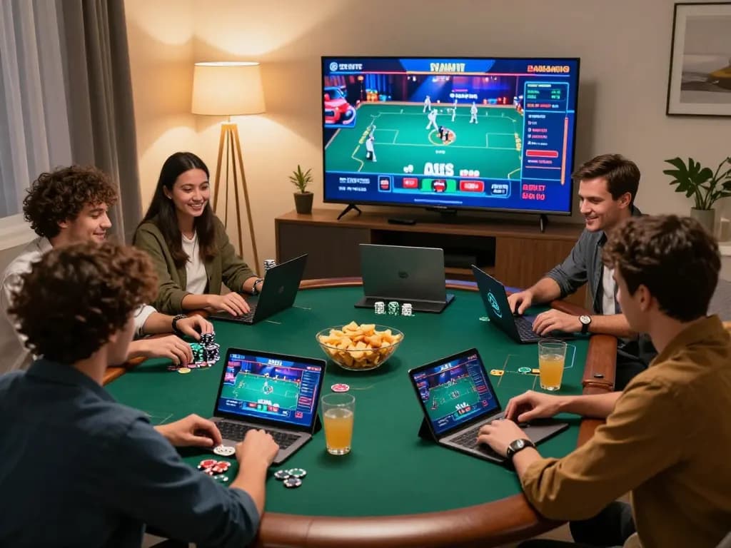 I9BET players engaged in an online poker game in a cozy living room, showcasing modern tech and social interaction.