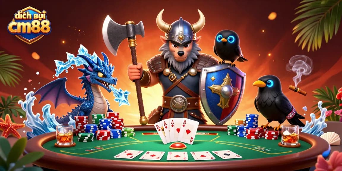Experience the thrilling dịch vụ cm88 with a Viking warrior and dragon at a lively poker scene.